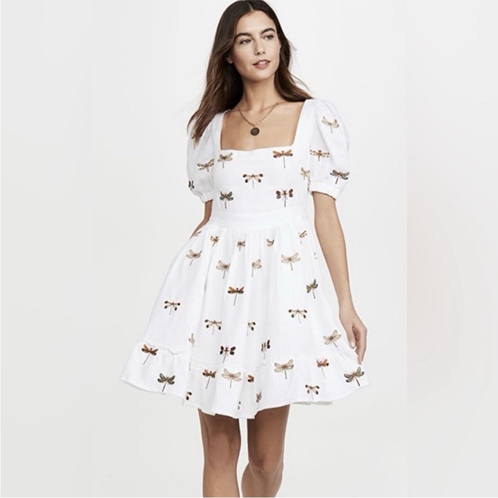 Agua Bendita Pomelo Embroidered Moth Mini Linen White Dress